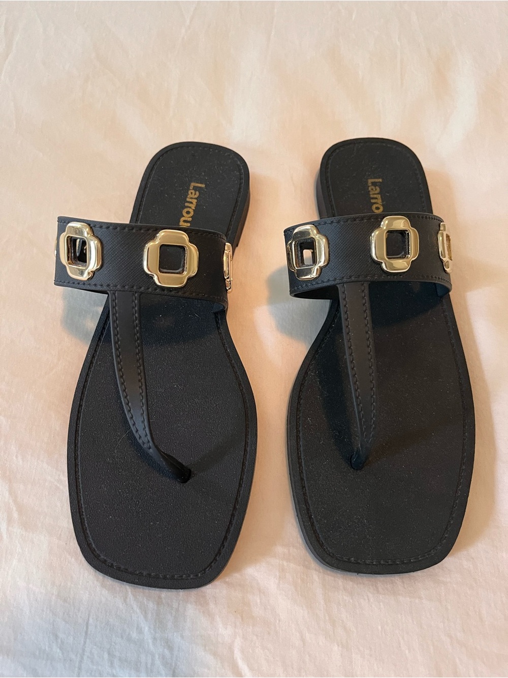 Larroude Black Thong Sandals with Gold Buckle Accents
